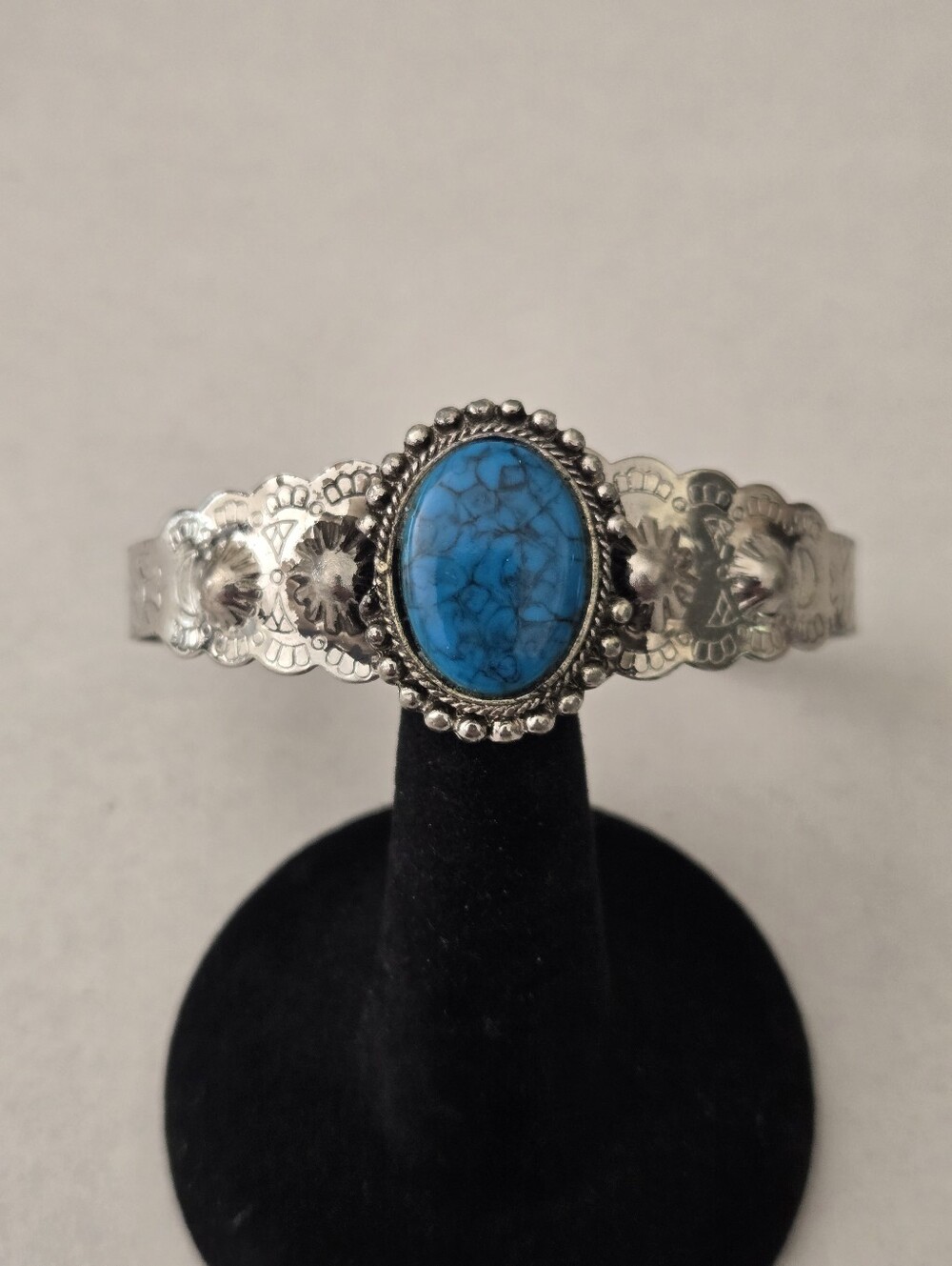Fred Harvey Era Silver Metal Blue Marble Turqouise Southwestern Cuff Bracelet